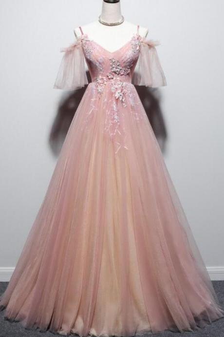 Sweet Pink Straps V-neckline Tulle Dress,Floral Prom Dress, Pink Floor Length Party Dress