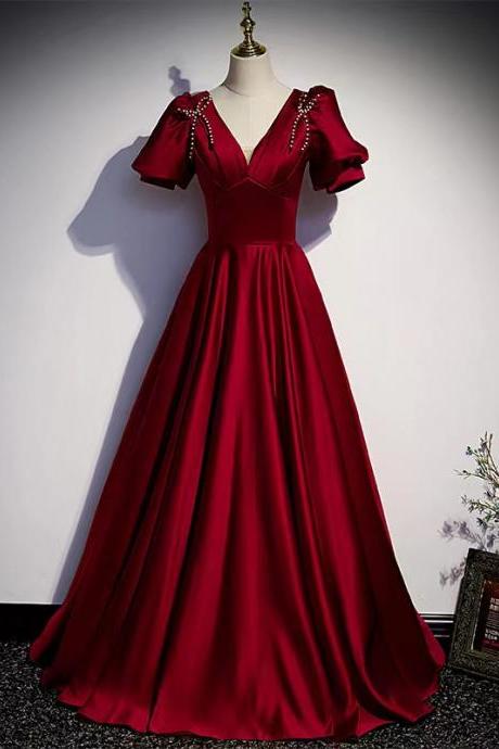 Red evening dress ,v-neck party dress,satin prom dress