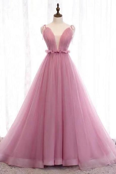 Party Dress V Neck Evening Dress, Spaghetti Straps Prom Dress, Tulle Long Formal Dress, Backless Ball Gown Dress