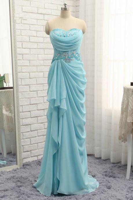 New Hot Sexy Prom Dresses, Mermaid Sweetheart Turquoise Chiffon Crystals Bead Slit Prom Gown