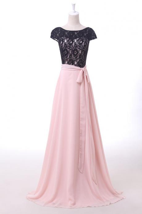 Cap Sleeved Lace A-line Chiffon Formal Prom Dress, Beautiful Long Prom Dress, Banquet Party Dress