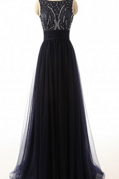 Elegant Sexy Neck Sleeveless Backless Tulle Formal Prom Dress, Beautiful Long Prom Dress, Banquet Party Dress