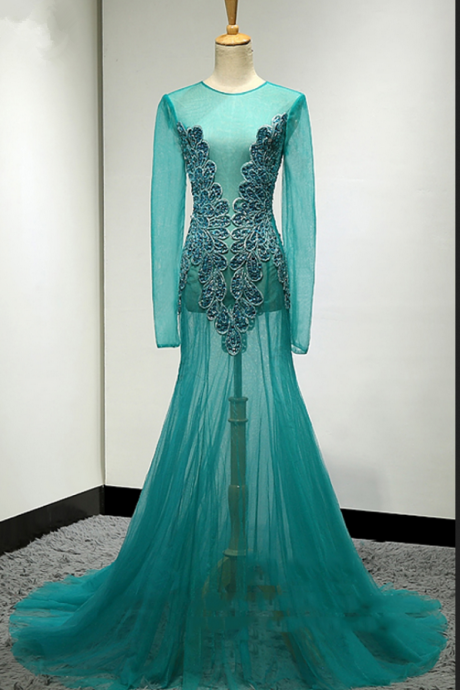 Elegant Long Sleeve Beading Mermaid Formal Prom Dress, Beautiful Long Prom Dress, Banquet Party Dress