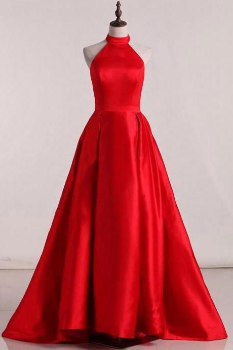 Elegant A-line Sleeveless Halter Open Back Satin Formal Prom Dress, Beautiful Long Prom Dress, Banquet Party Dress