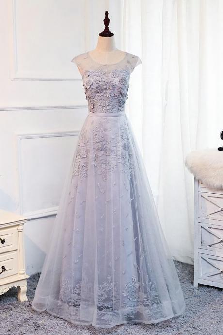 Elegant Round Neck Backless Tulle Lace Formal Prom Dress, Beautiful Long Prom Dress, Banquet Party Dress