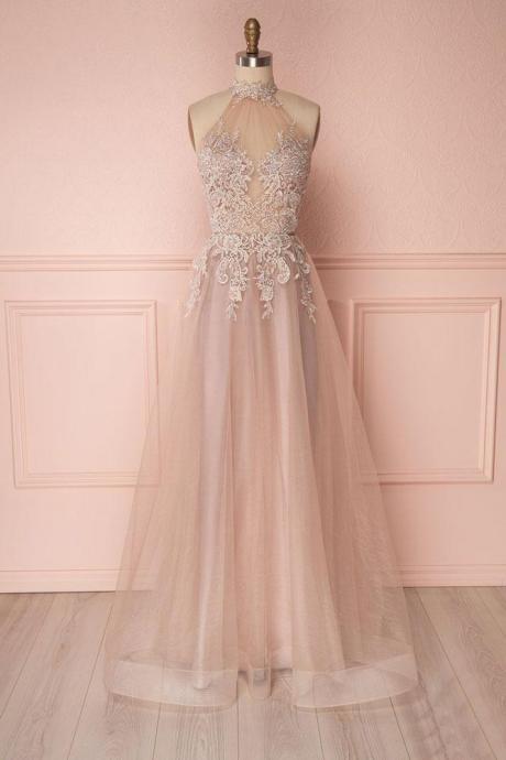 Elegant Backless Tulle Applique Formal Prom Dress, Beautiful Long Prom Dress, Banquet Party Dress