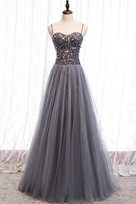 Elegant Sweetheart V Neck Sequin Tulle Formal Prom Dress, Beautiful Long Prom Dress, Banquet Party Dress