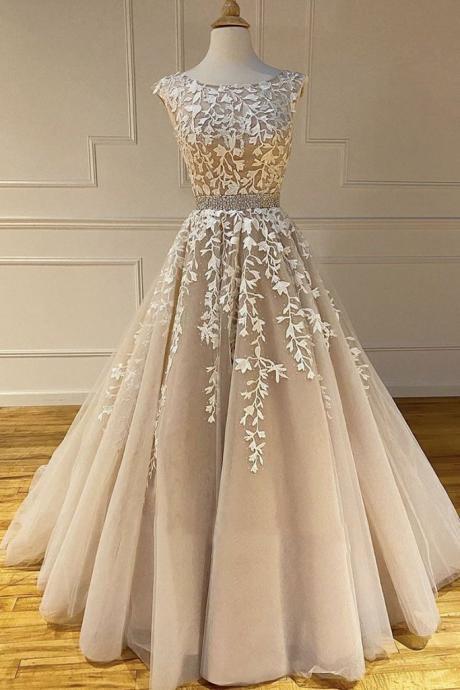 Elegant Sweetheart Round Neck Lace Tulle Formal Prom Dress, Beautiful Long Prom Dress, Banquet Party Dress