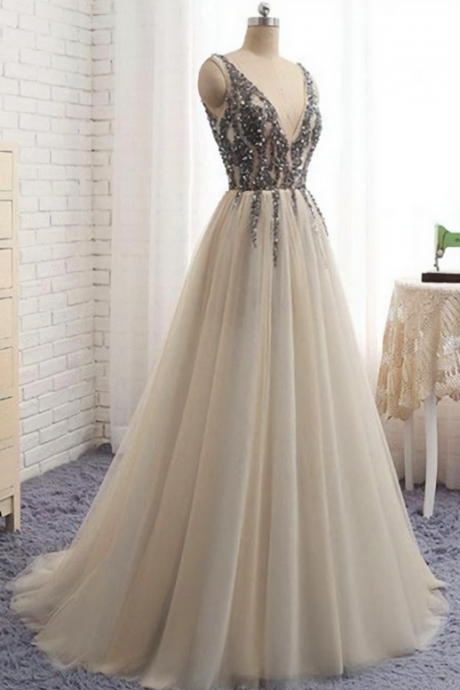 Elegant Sweetheart A-line V-neck Tulle Formal Prom Dress, Beautiful Long Prom Dress, Banquet Party Dress