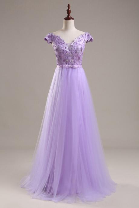 Elegant A-line V-neck Tulle Formal Prom Dress, Beautiful Long Prom Dress, Banquet Party Dress