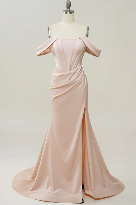 Elegant Off The Shoulder Satin Formal Prom Dress, Beautiful Long Prom Dress, Banquet Party Dress