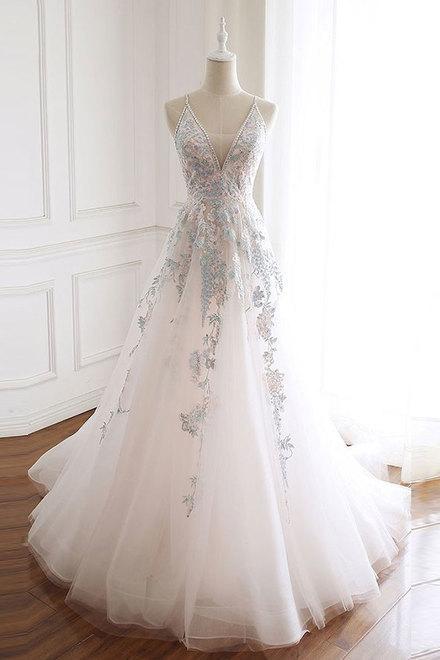 Elegant V Neck Tulle Lace Tulle Formal Prom Dress, Beautiful Prom Dress, Banquet Party Dress