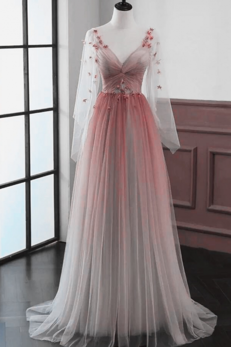 Elegant A-line Long Sleeves Tulle Formal Prom Dress, Beautiful Prom Dress, Banquet Party Dress