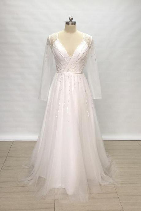 Elegant Sweetheart Beaded V-neck Tulle Prom Dress, Beautiful Long Dress, Banquet Party Dress