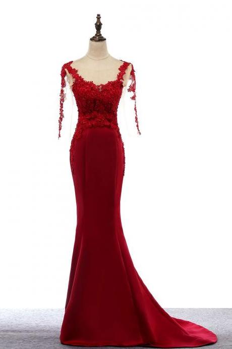 Elegant round neck lace satin mermaid Formal Prom Dress, Beautiful Long Prom Dress, Banquet Party Dress