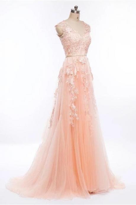 Elegant Lace Appliques Tulle Formal Prom Dress, Beautiful Long Prom Dress, Banquet Party Dress