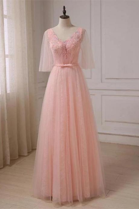 Elegant Appliques Half Sleeves Tulle Formal Prom Dress, Beautiful Long Prom Dress, Banquet Party Dress
