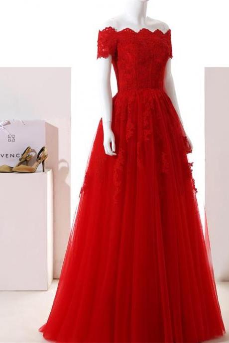 Elegant Off The Shoulder Lace Tulle Formal Prom Dress, Beautiful Long Prom Dress, Banquet Party Dress