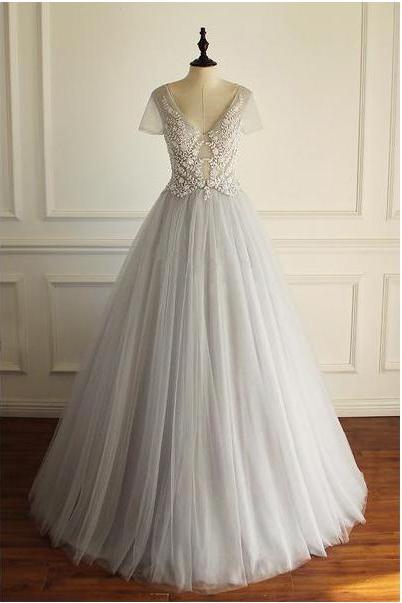 Elegant V-neck Short Sleeves Lace Tulle Formal Prom Dress, Beautiful Long Prom Dress, Banquet Party Dress