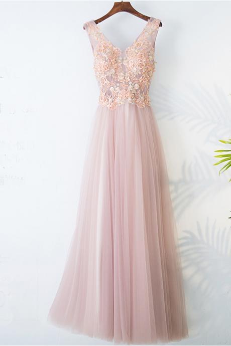 Elegant A Line Appliques V Neck Tulle Formal Prom Dress, Beautiful Long Prom Dress, Banquet Party Dress