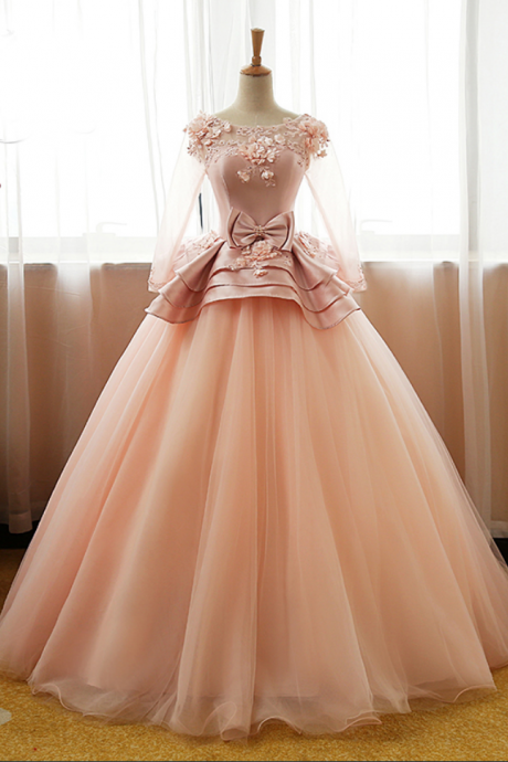 Elegant A Line Appliques Long Sleeves Tulle Formal Prom Dress, Beautiful Long Prom Dress, Banquet Party Dress