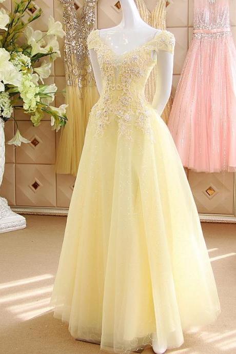 Elegant A Line Appliques Cap Sleeves Tulle Formal Prom Dress, Beautiful Long Prom Dress, Banquet Party Dress