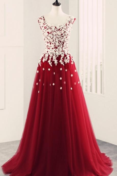 Elegant A Line Appliques Lace Tulle Formal Prom Dress, Beautiful Long Prom Dress, Banquet Party Dress
