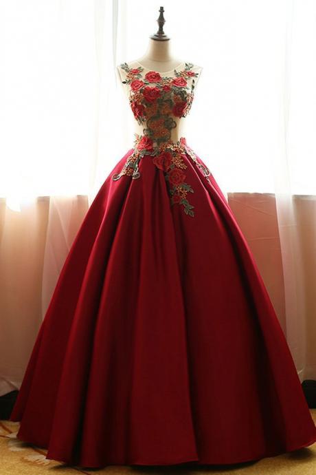Elegant Round Neck A-line Satin Applique Formal Prom Dress, Beautiful Long Prom Dress, Banquet Party Dress
