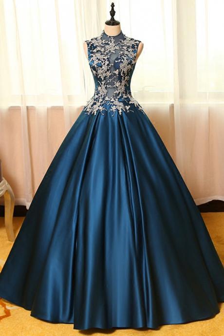 Elegant A-line satins lace applique round neck Formal Prom Dress, Beautiful Long Prom Dress, Banquet Party Dress