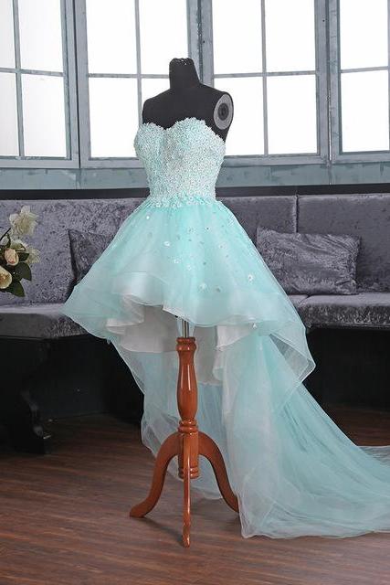 Elegant Sweetheart A-line High-low Appliques Tulle Formal Prom Dress, Beautiful Long Prom Dress, Banquet Party Dress