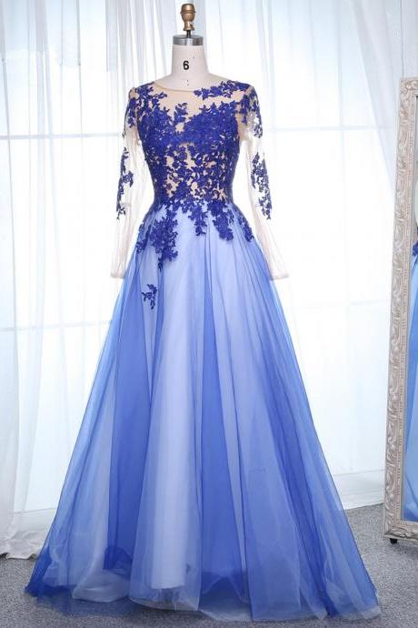 Elegant Tulle Scoop Neck Long Sleeves Appliques Lace Formal Prom Dress, Beautiful Long Prom Dress, Banquet Party Dress