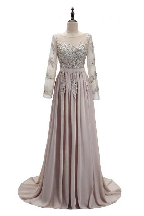 Elegant A-line Long Sleeves Chiffon Formal Prom Dress, Beautiful Long Prom Dress, Banquet Party Dress