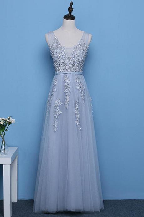 Elegant A-line Lace Beaded Applique Tulle Formal Prom Dress, Beautiful Long Prom Dress, Banquet Party Dress