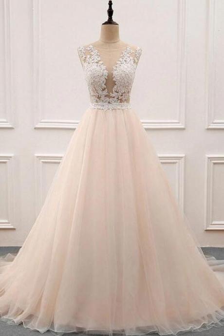 Elegant A-line O Neck Lace Applique Formal Prom Dress, Beautiful Long Prom Dress, Banquet Party Dress
