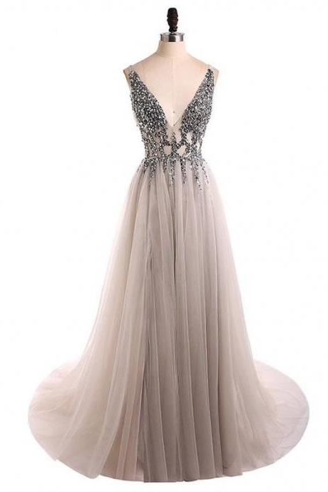 Elegant Tulle V-neckline Beaded Formal Prom Dress, Beautiful Prom Dress, Banquet Party Dress