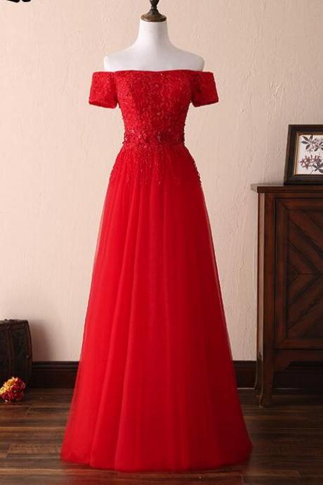 Elegant Simple A-line Off Shoulder Tulle Lace Formal Prom Dress, Beautiful Prom Dress, Banquet Party Dress