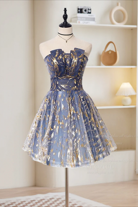 A-line Tulle Lace Blue Short Prom Dress, Cute Blue Homecoming Dress