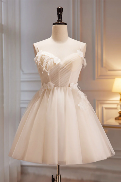 A-line V Neck Tulle Light Champagne Short Prom Dress, Champagne Homecoming Dress