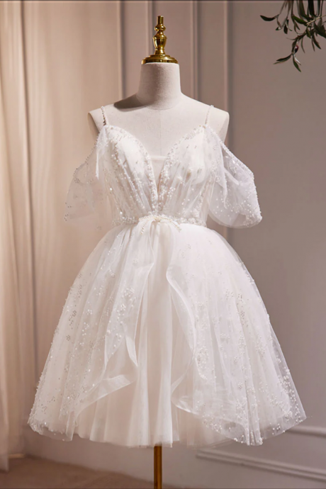 A-line V Neck Tulle Short Beige Prom Dress, Cute Beige Homecoming Dress