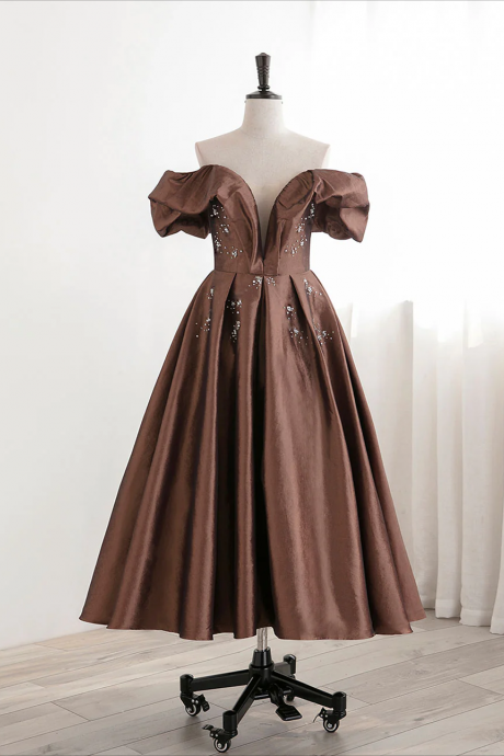 A-line Tea Length Brown Prom Dresses, Off Shoulder Brown Formal Dress With Beading