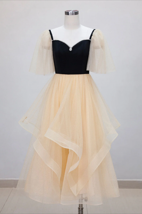 Champagne A-line Tulle Short Prom Dresses, Champagne Formal Dress