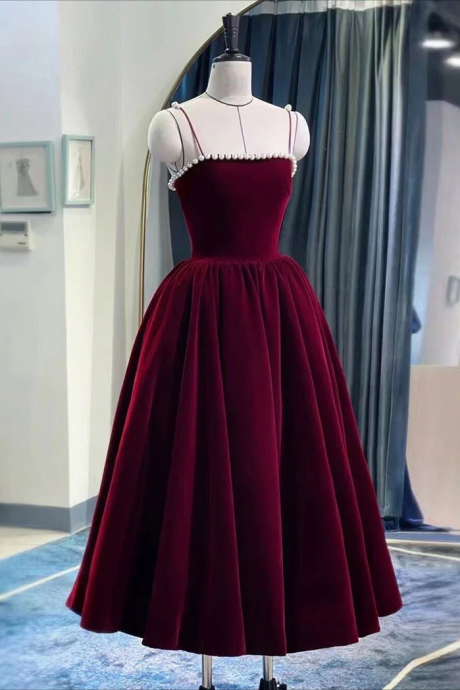 Simple Burgundy Tea Length Prom Dress, Burgundy Homecoming Dress