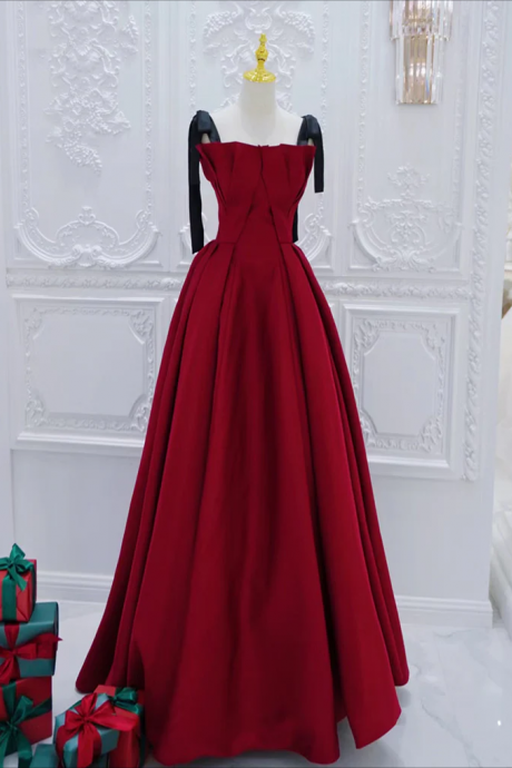 A-line Burgundy Satin Long Prom Dress, Burgundy Long Formal Dress