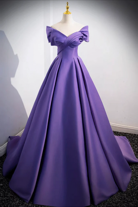 A-line Off Shoulder Satin Purple Long Prom Dress, Purple Long Evening Dress