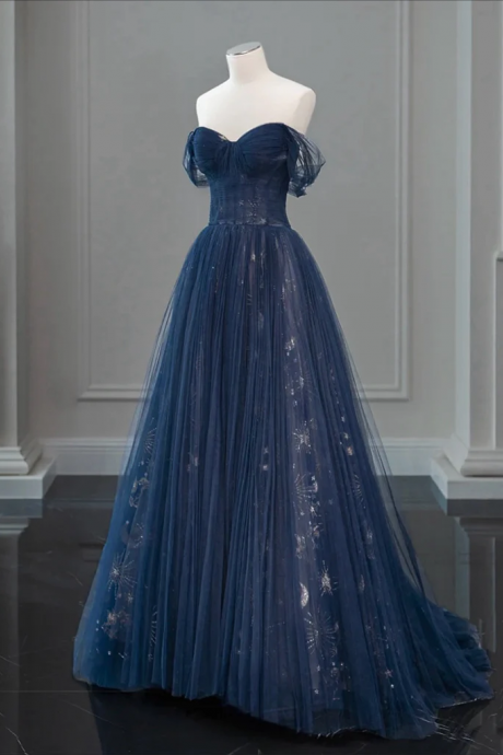 A-line Off Shoulder Tulle Lace Dark Blue Long Prom Dress, Dark Blue Long Evening Dress