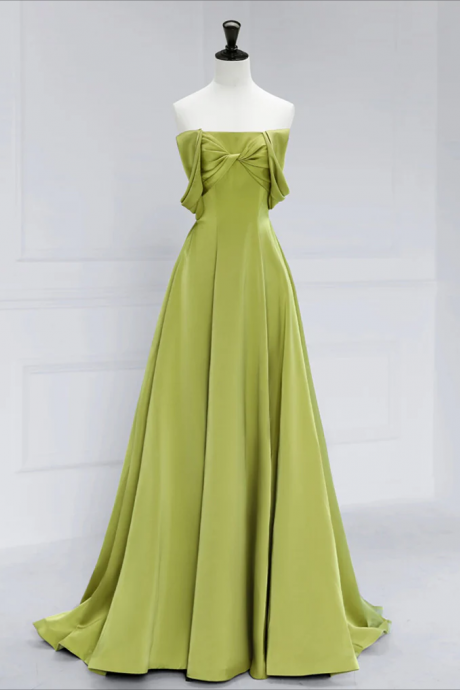 A-line Satin Off Shoulder Green Long Prom Dress, Green Long Formal Dress