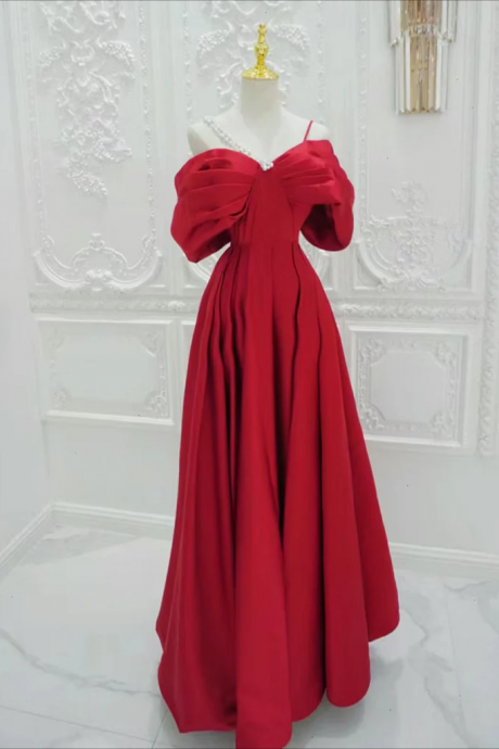 A-line Satin Off Shoulder Red Long Prom Dress, Red Long Evening Dress