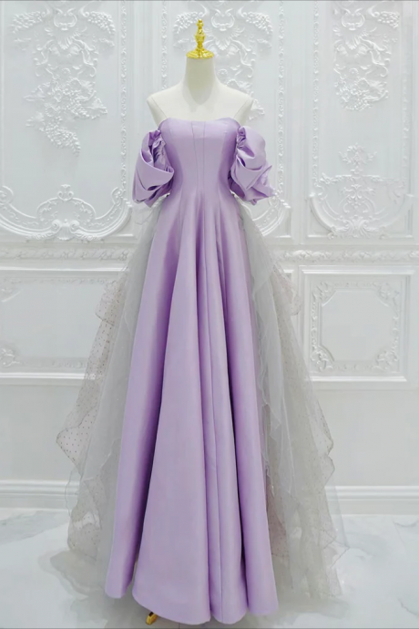 A-line Satin Tulle Purple Long Prom Dress, Tulle Purple Long Formal Dress
