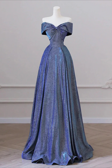 Simple A-line Shiny Satin Blue Long Prom Dress, Blue Long Formal Dress