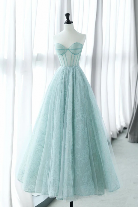 A-line Sweetheart Neck Tulle Lace Blue Long Prom Dress, Blue Long Formal Dress